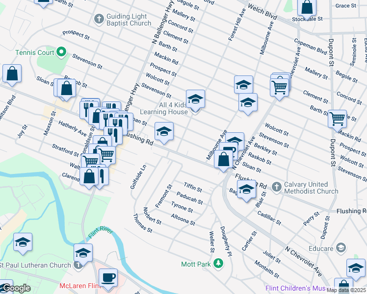 map of restaurants, bars, coffee shops, grocery stores, and more near 2638 Flushing Road in Flint