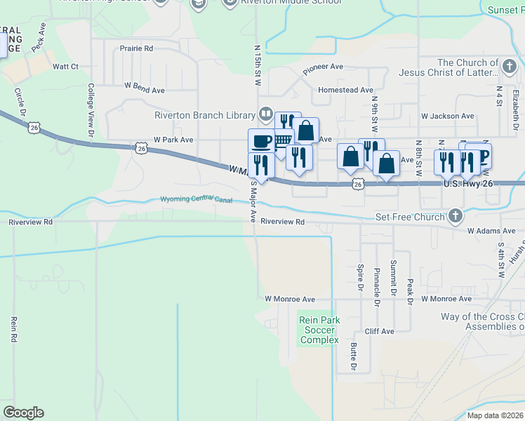 map of restaurants, bars, coffee shops, grocery stores, and more near 1410 Riverview Rd in Riverton