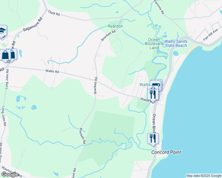 map of restaurants, bars, coffee shops, grocery stores, and more near 96 Wallis Road in Rye