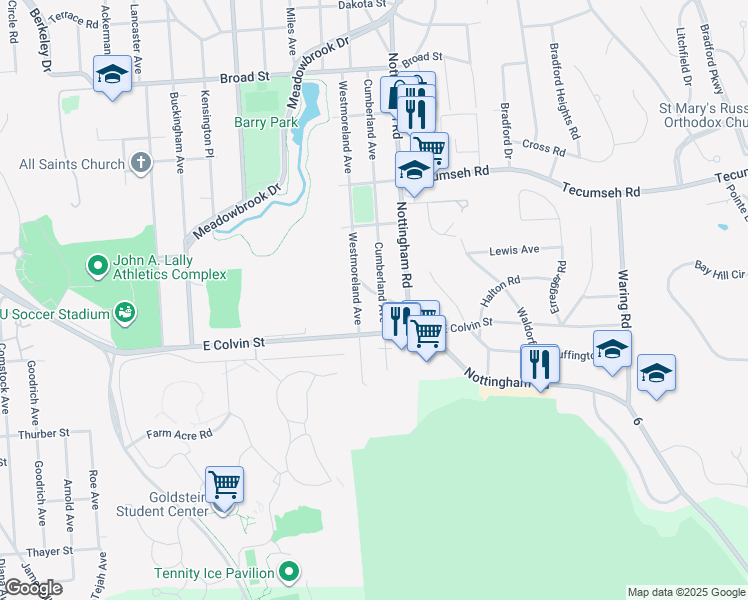 map of restaurants, bars, coffee shops, grocery stores, and more near 1579 Westmoreland Avenue in Syracuse