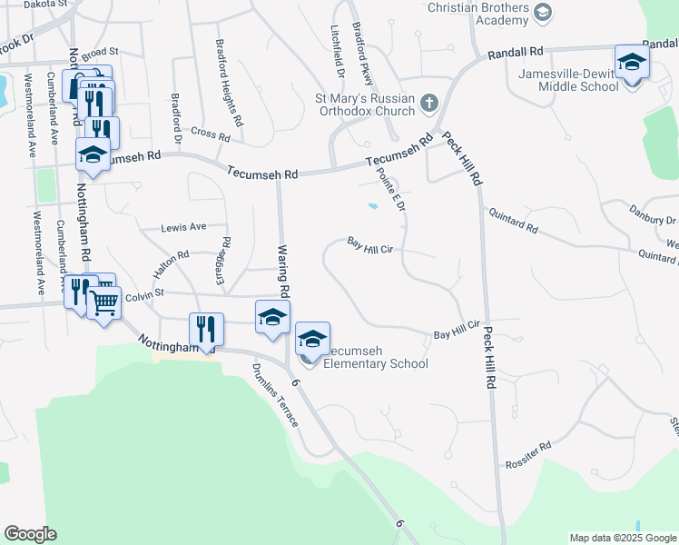 map of restaurants, bars, coffee shops, grocery stores, and more near 6056 Bay Hill Circle in Jamesville