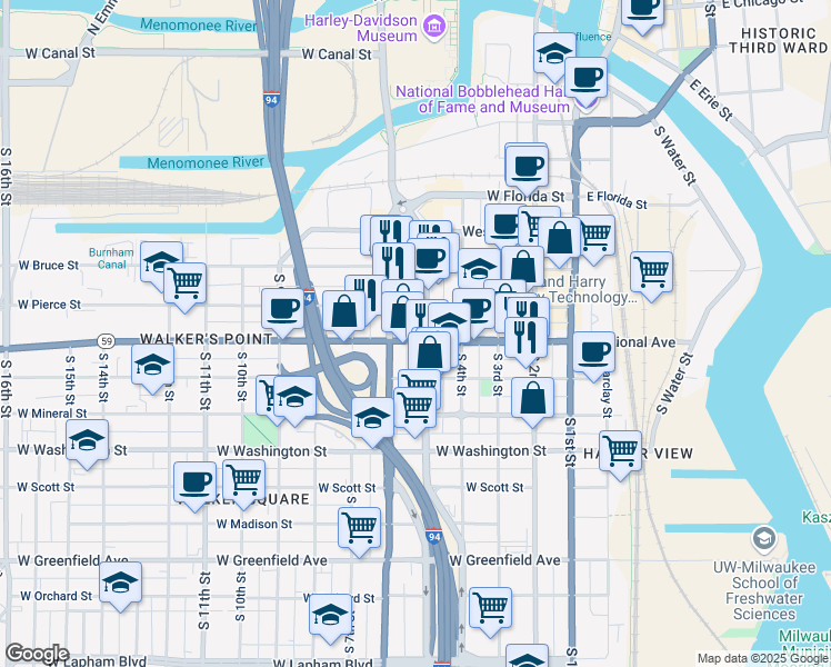 map of restaurants, bars, coffee shops, grocery stores, and more near 425 West National Avenue in Milwaukee