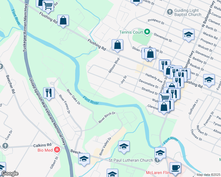 map of restaurants, bars, coffee shops, grocery stores, and more near 3288 Kissner Avenue in Flint