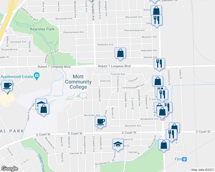 map of restaurants, bars, coffee shops, grocery stores, and more near 2023 Glendale Avenue in Flint