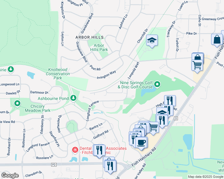 map of restaurants, bars, coffee shops, grocery stores, and more near 1006 Whispering Pines Way in Fitchburg