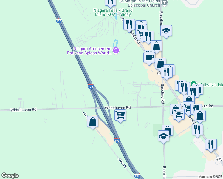 map of restaurants, bars, coffee shops, grocery stores, and more near Whitehaven Road in Grand Island