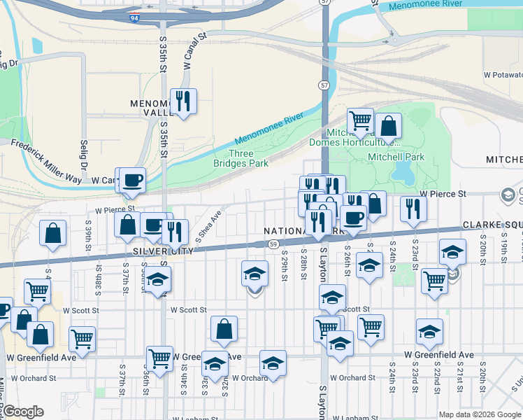 map of restaurants, bars, coffee shops, grocery stores, and more near 744 South 30th Street in Milwaukee