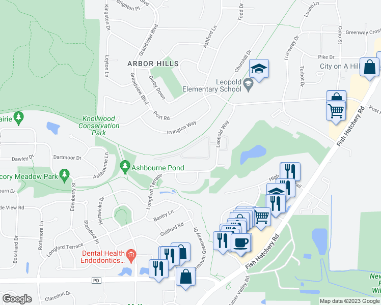 map of restaurants, bars, coffee shops, grocery stores, and more near 1101 Whispering Pines Way in Fitchburg