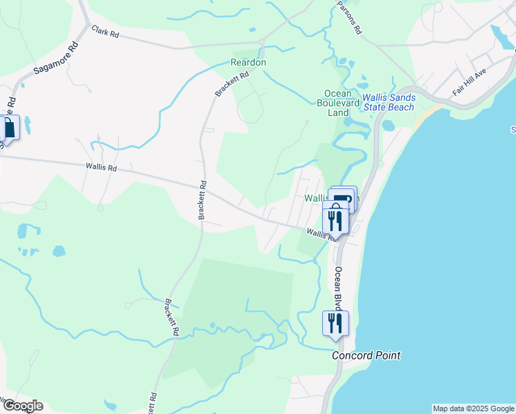 map of restaurants, bars, coffee shops, grocery stores, and more near 71 Wallis Road in Rye