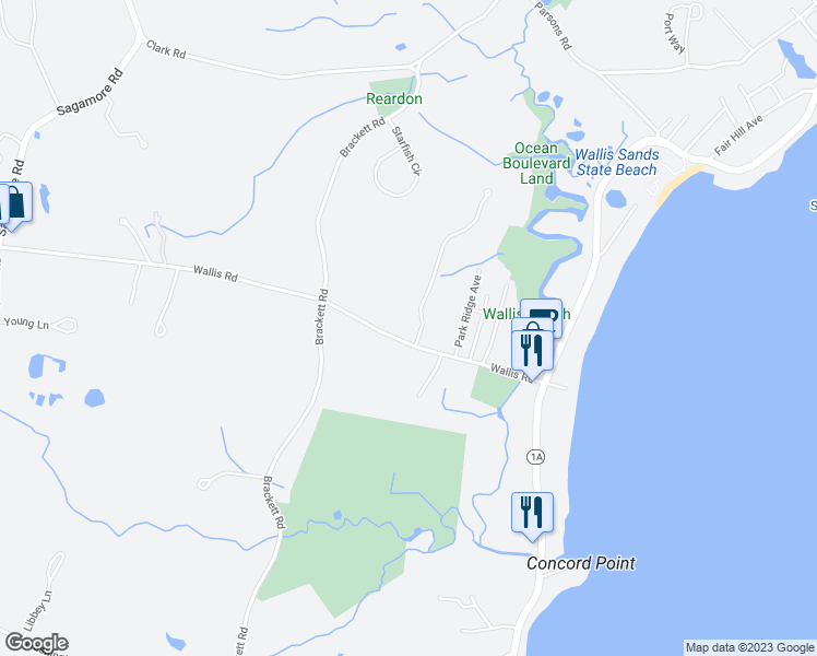 map of restaurants, bars, coffee shops, grocery stores, and more near 71 Wallis Road in Rye