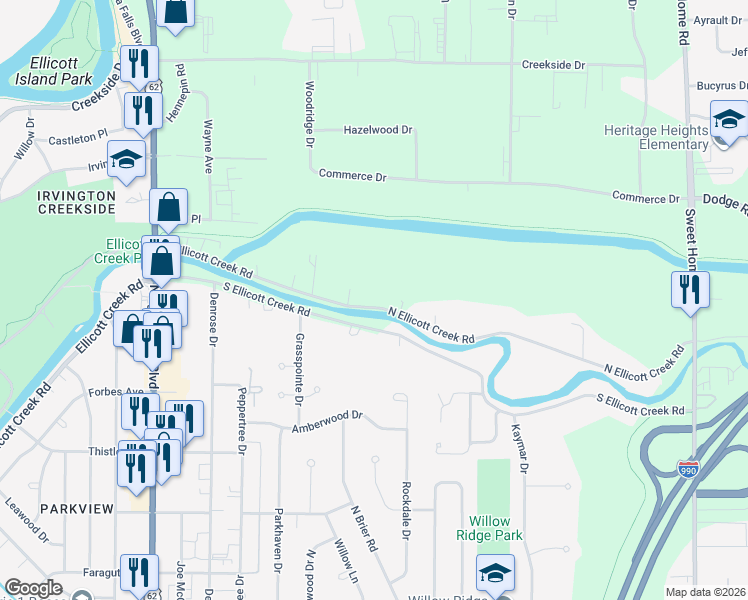 map of restaurants, bars, coffee shops, grocery stores, and more near 260 North Ellicott Creek Road in Buffalo