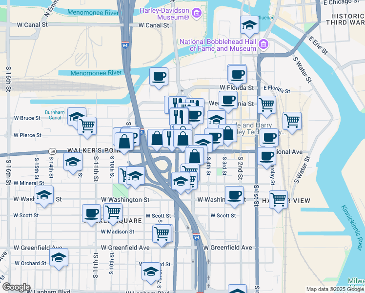map of restaurants, bars, coffee shops, grocery stores, and more near 522 West National Avenue in Milwaukee