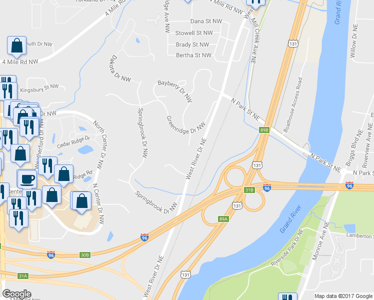 map of restaurants, bars, coffee shops, grocery stores, and more near 118 Greenridge Drive Northwest in Grand Rapids
