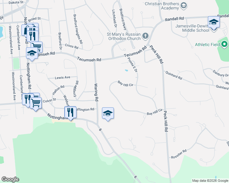 map of restaurants, bars, coffee shops, grocery stores, and more near 6067 Bay Hill Circle in Jamesville