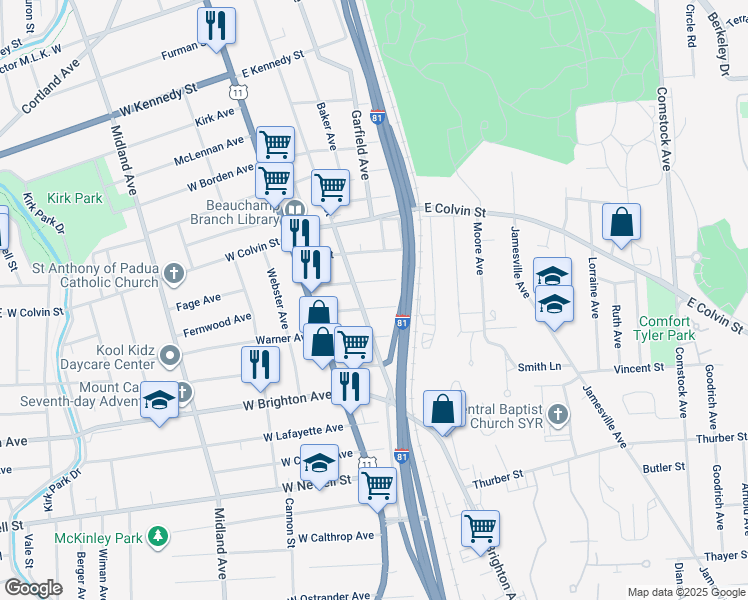 map of restaurants, bars, coffee shops, grocery stores, and more near 211 Amherst Avenue in Syracuse