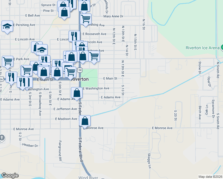 map of restaurants, bars, coffee shops, grocery stores, and more near 1101 East Adams Avenue in Riverton
