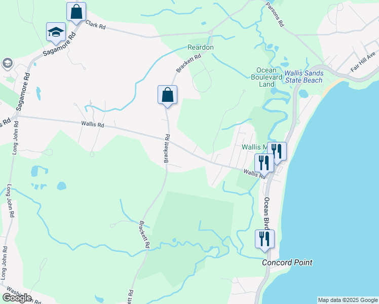 map of restaurants, bars, coffee shops, grocery stores, and more near 96 Wallis Road in Rye