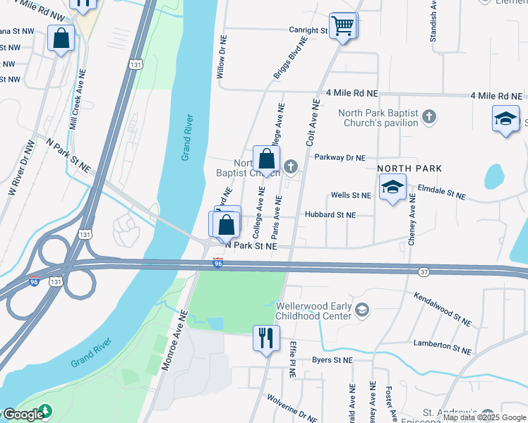 map of restaurants, bars, coffee shops, grocery stores, and more near 3271 Paris Avenue Northeast in Grand Rapids