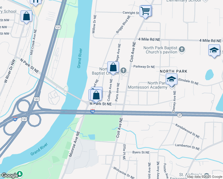 map of restaurants, bars, coffee shops, grocery stores, and more near 3271 Paris Avenue Northeast in Grand Rapids