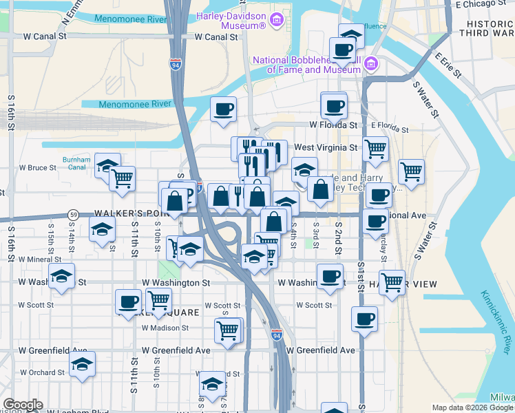 map of restaurants, bars, coffee shops, grocery stores, and more near in Milwaukee