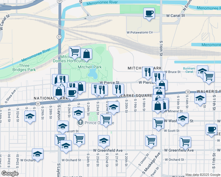 map of restaurants, bars, coffee shops, grocery stores, and more near 750 South 22nd Street in Milwaukee