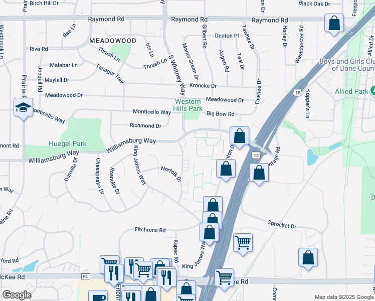 map of restaurants, bars, coffee shops, grocery stores, and more near 2621 Smithfield Drive in Fitchburg