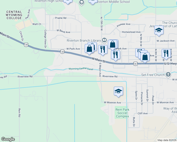 map of restaurants, bars, coffee shops, grocery stores, and more near 1642 Riverview Road in Riverton