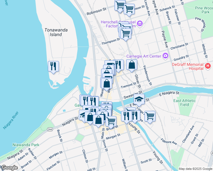 map of restaurants, bars, coffee shops, grocery stores, and more near 62 Webster Street in North Tonawanda