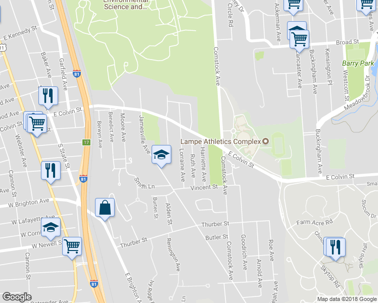 map of restaurants, bars, coffee shops, grocery stores, and more near 108 Ruth Avenue in Syracuse