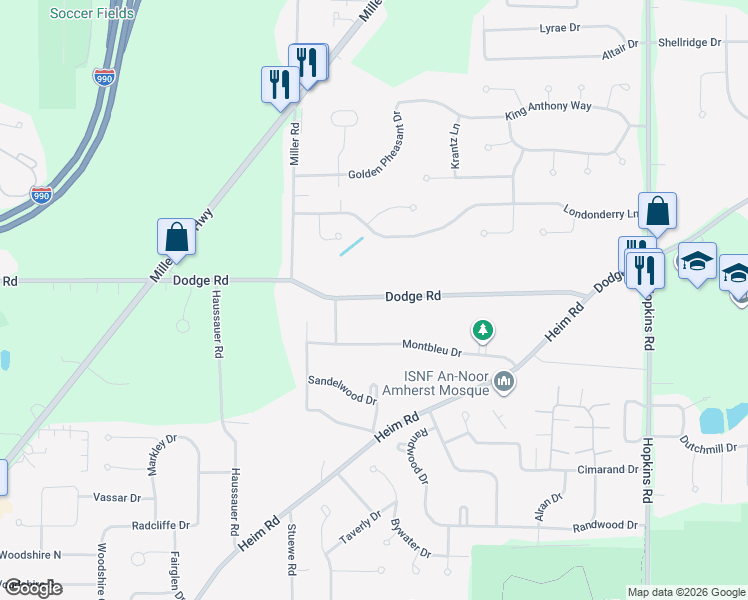 map of restaurants, bars, coffee shops, grocery stores, and more near 1157 Dodge Road in Getzville