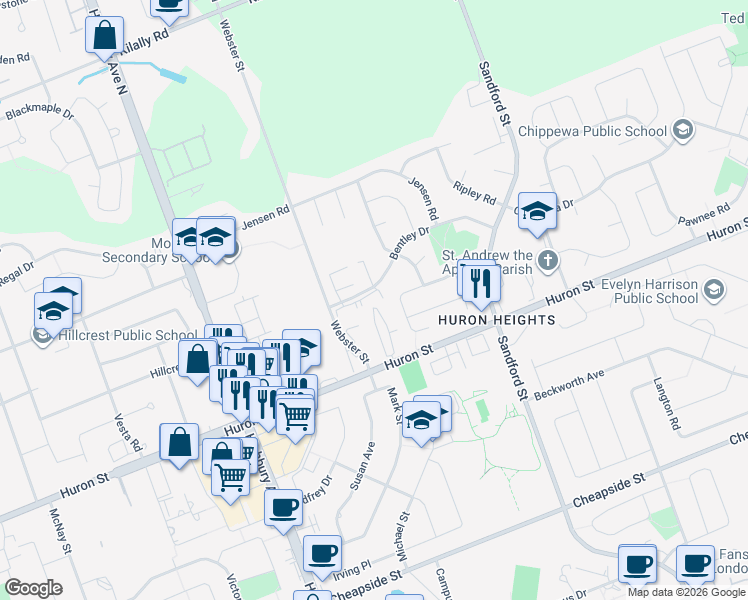 map of restaurants, bars, coffee shops, grocery stores, and more near 1422 Huron Street in London