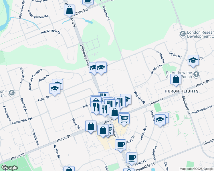 map of restaurants, bars, coffee shops, grocery stores, and more near 1318 Highbury Avenue North in London