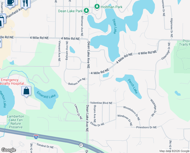map of restaurants, bars, coffee shops, grocery stores, and more near 3332 Dean Lake Avenue Northeast in Grand Rapids charter Township