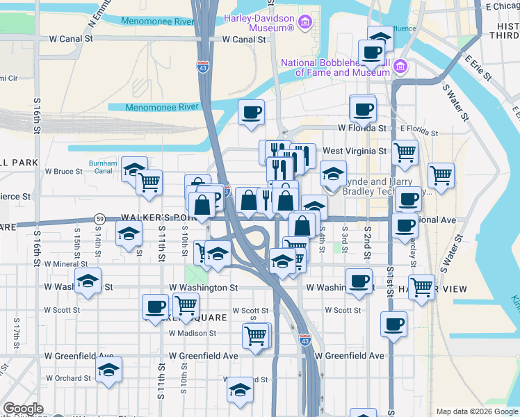 map of restaurants, bars, coffee shops, grocery stores, and more near 641 West National Avenue in Milwaukee