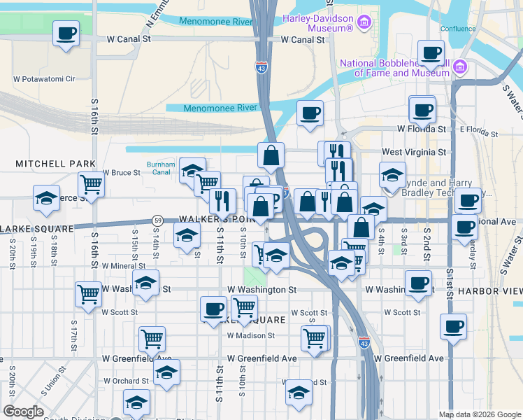 map of restaurants, bars, coffee shops, grocery stores, and more near 839 West National Avenue in Milwaukee