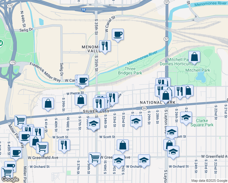 map of restaurants, bars, coffee shops, grocery stores, and more near 753 South Shea Avenue in Milwaukee