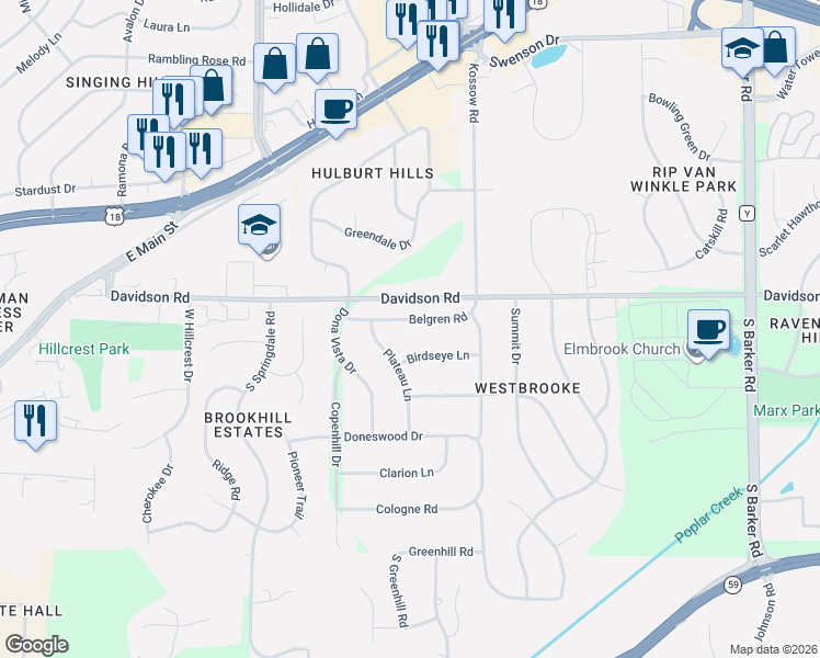 map of restaurants, bars, coffee shops, grocery stores, and more near 21510 Birdseye Lane in Waukesha