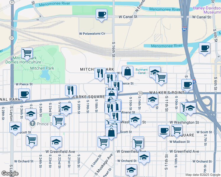 map of restaurants, bars, coffee shops, grocery stores, and more near 721 South César E. Chávez Drive in Milwaukee