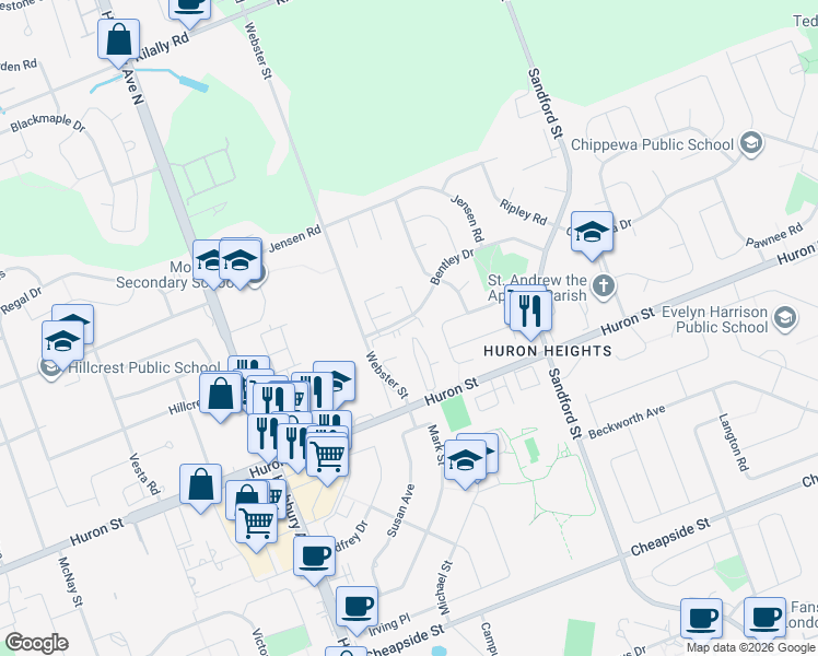map of restaurants, bars, coffee shops, grocery stores, and more near 1275 Bentley Drive in London
