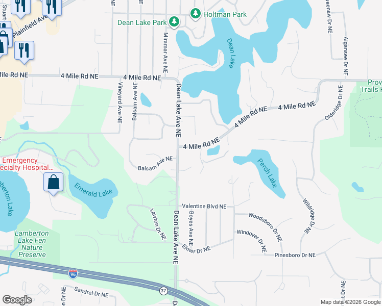 map of restaurants, bars, coffee shops, grocery stores, and more near 3332 Dean Lake Avenue Northeast in Grand Rapids charter Township