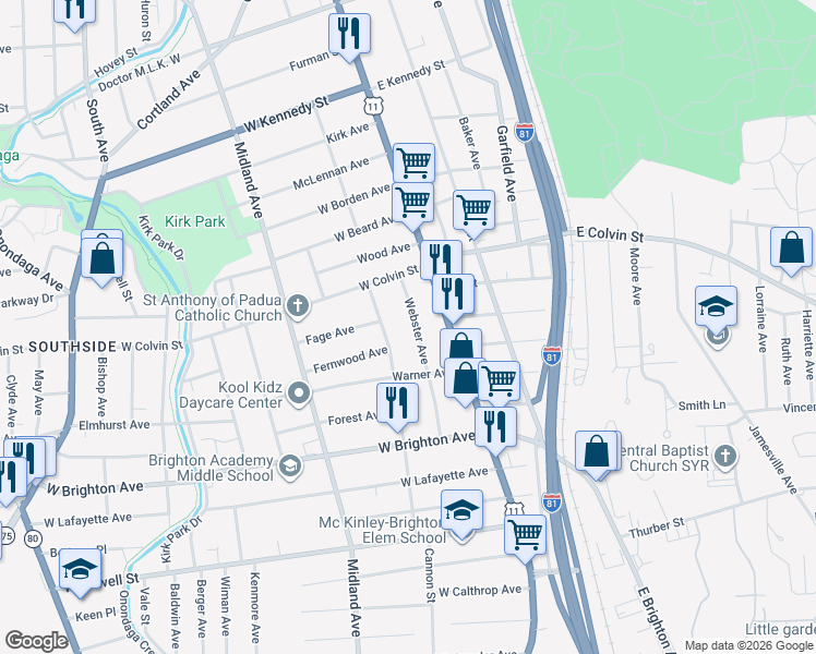 map of restaurants, bars, coffee shops, grocery stores, and more near 242 Webster Avenue in Syracuse