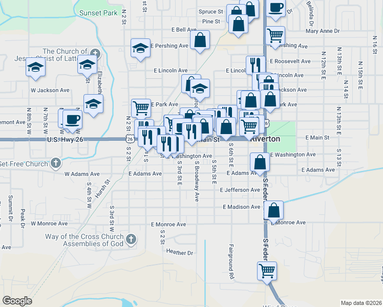 map of restaurants, bars, coffee shops, grocery stores, and more near 316 East Adams Avenue in Riverton