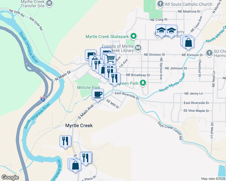 map of restaurants, bars, coffee shops, grocery stores, and more near 226 South Main Street in Myrtle Creek