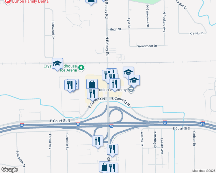 map of restaurants, bars, coffee shops, grocery stores, and more near 1180 North Belsay Road in Burton
