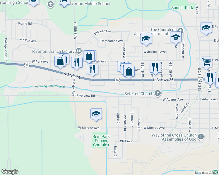map of restaurants, bars, coffee shops, grocery stores, and more near 933-937 W Main St in Riverton