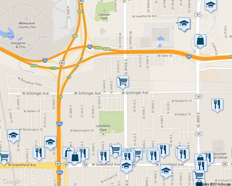 map of restaurants, bars, coffee shops, grocery stores, and more near S 93rd St & W Schlinger Ave in West Allis