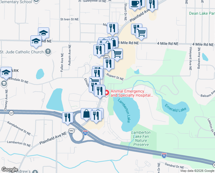 map of restaurants, bars, coffee shops, grocery stores, and more near 3410 Plainfield Avenue Northeast in Grand Rapids