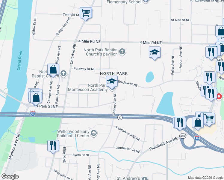 map of restaurants, bars, coffee shops, grocery stores, and more near 900 Elmdale Street Northeast in Grand Rapids