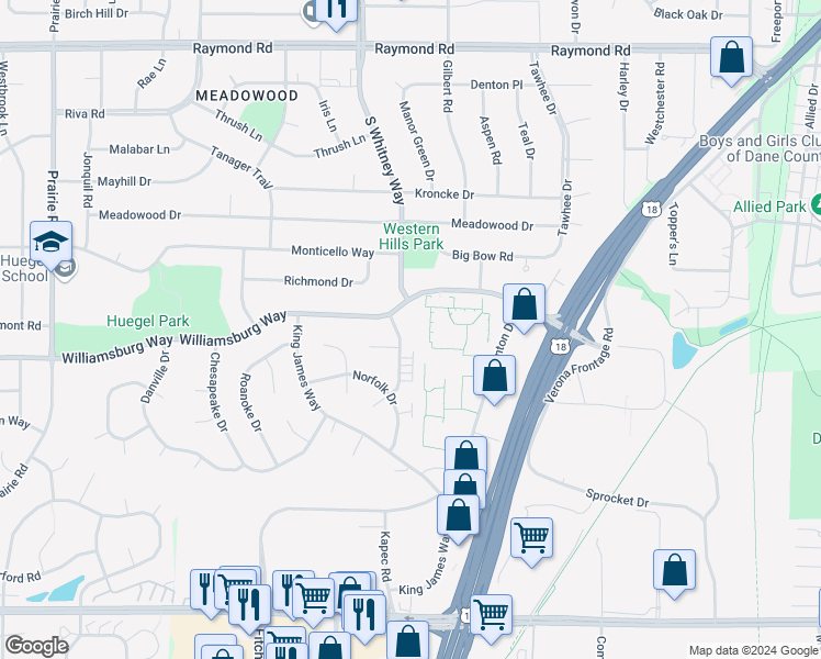 map of restaurants, bars, coffee shops, grocery stores, and more near 5677 Williamsburg Way in Fitchburg