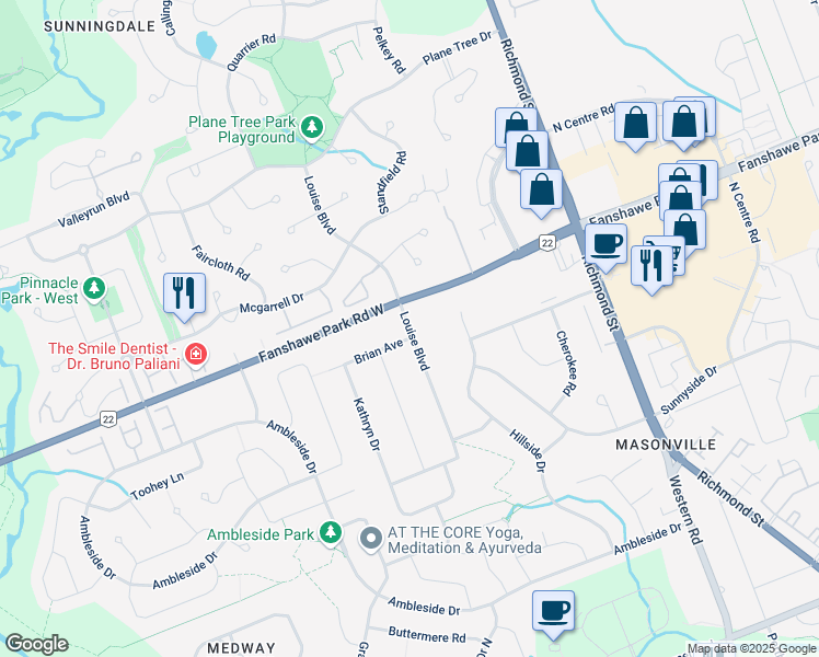 map of restaurants, bars, coffee shops, grocery stores, and more near 1686 Louise Boulevard in London